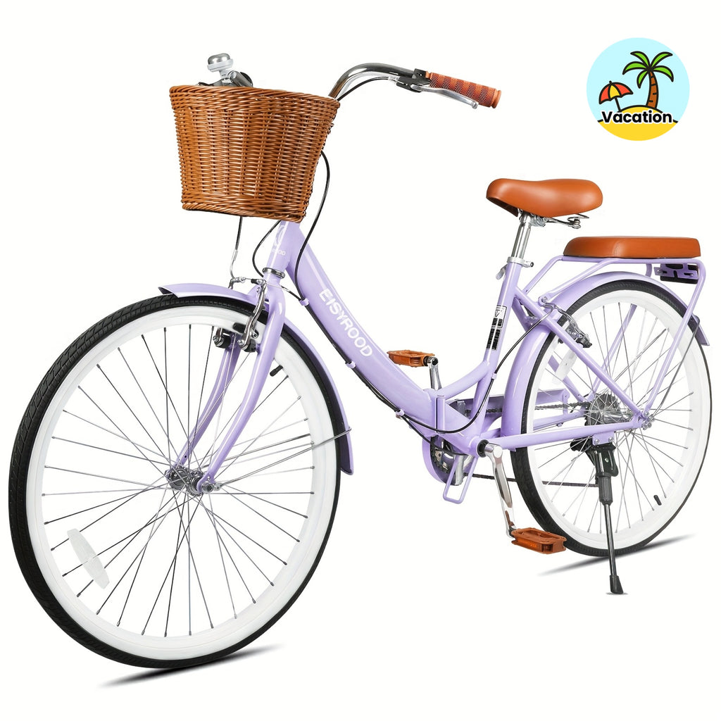 26-Inch Collapsible Beach Bicycle, Bicycle Featuring a Basket, 7-Speed Hybrid Commuter Bikes with Cushion, V-Brakes, Easy Assembly for Adults