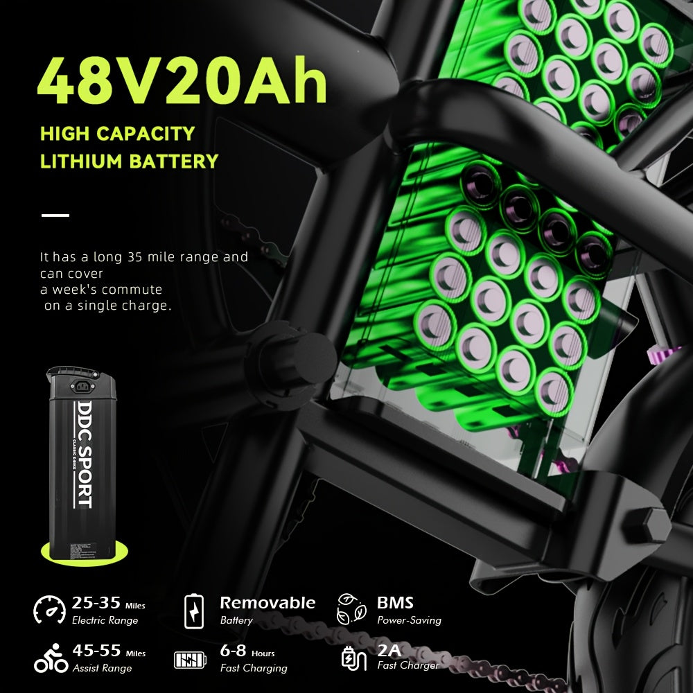 Adult Folding Electric Bicycle, Featuring a 700W Peak Motor with a 960Wh Battery, Capable of Traveling 35 Miles at Speeds Up to 20MPH. This Commuter E-Bike Includes a Removable 48V 20AH Battery, Supports a Weight of 330 Lbs