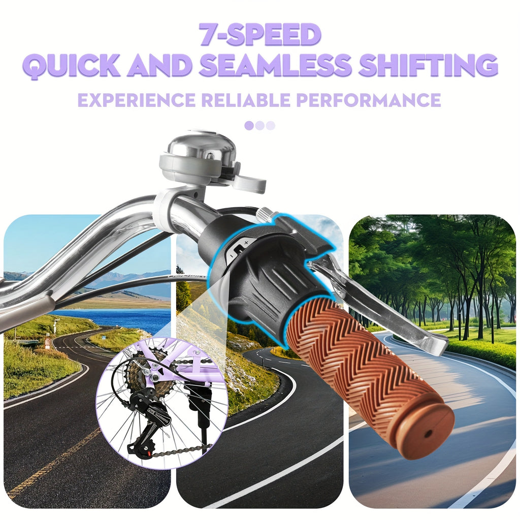 26-Inch Collapsible Beach Bicycle, Bicycle Featuring a Basket, 7-Speed Hybrid Commuter Bikes with Cushion, V-Brakes, Easy Assembly for Adults