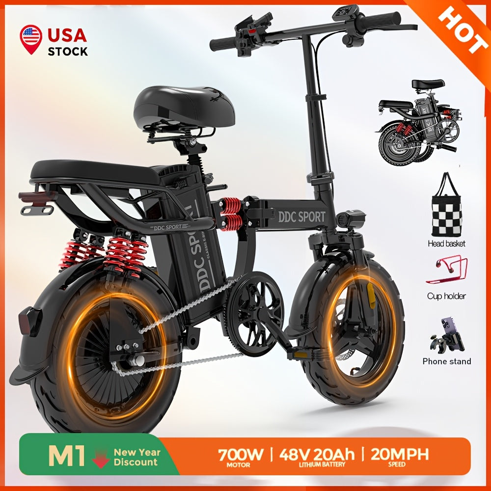 M1 PINK Foldable Electric Bike for Adults, 700W Peak Motor, 3-Step Folding Ebike with 48V\u002F20Ah Removable Battery, 20MPH Speed, 35 Range, 14\
