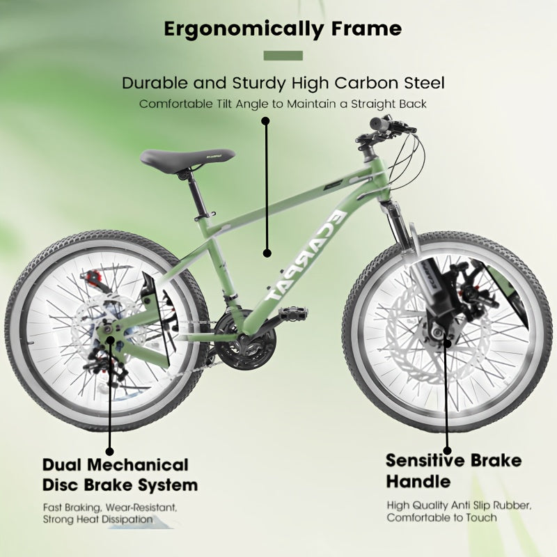 24-Inch Wheel Mountain Bike with 21 Speeds, Featuring Disc Brakes And a Thumb Shifter, Suitable for Men And Women for Trail, Commuting, And Various Terrains Including Snow And Beach, in Green Color