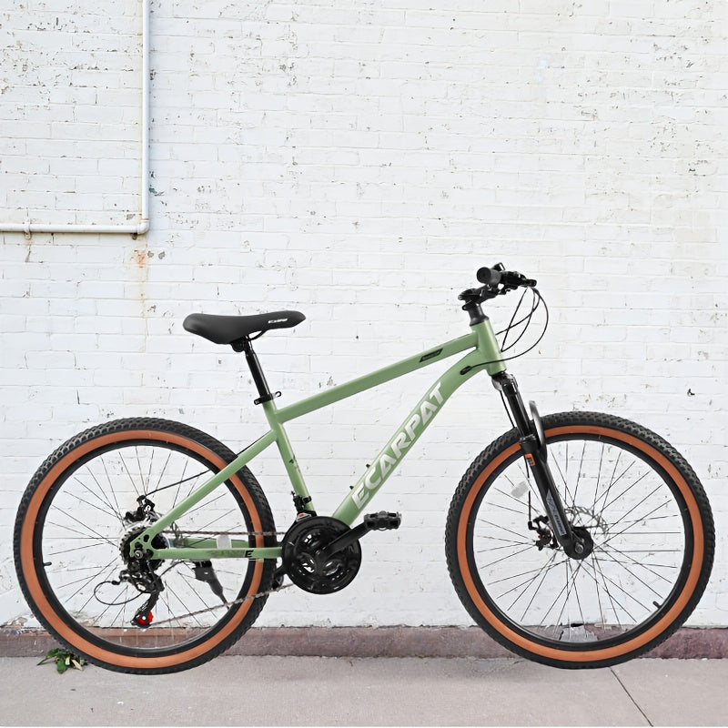24-Inch Wheel Mountain Bike with 21 Speeds, Featuring Disc Brakes And a Thumb Shifter, Suitable for Men And Women for Trail, Commuting, And Various Terrains Including Snow And Beach, in Green Color