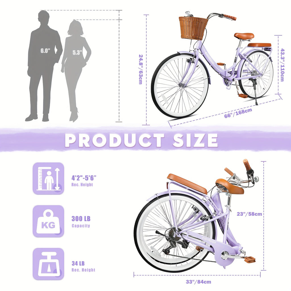 26-Inch Collapsible Beach Bicycle, Bicycle Featuring a Basket, 7-Speed Hybrid Commuter Bikes with Cushion, V-Brakes, Easy Assembly for Adults