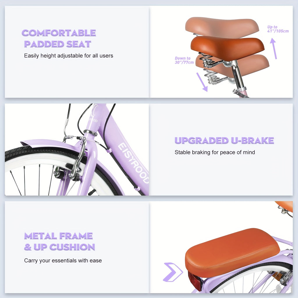 26-Inch Collapsible Beach Bicycle, Bicycle Featuring a Basket, 7-Speed Hybrid Commuter Bikes with Cushion, V-Brakes, Easy Assembly for Adults